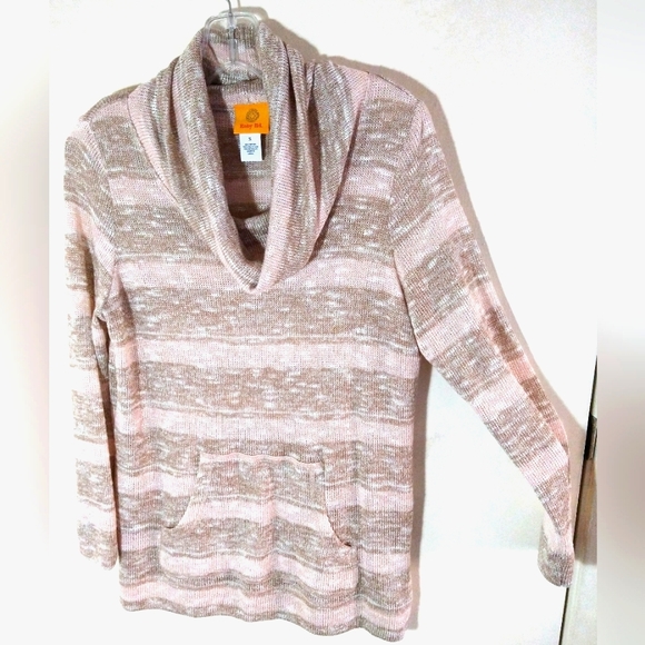 RUBY RD MISSES SZ S PINK & TAN LIGHT SWEATER TOP KANGAROO POCKET COWL NECK NWOT - Picture 1 of 9